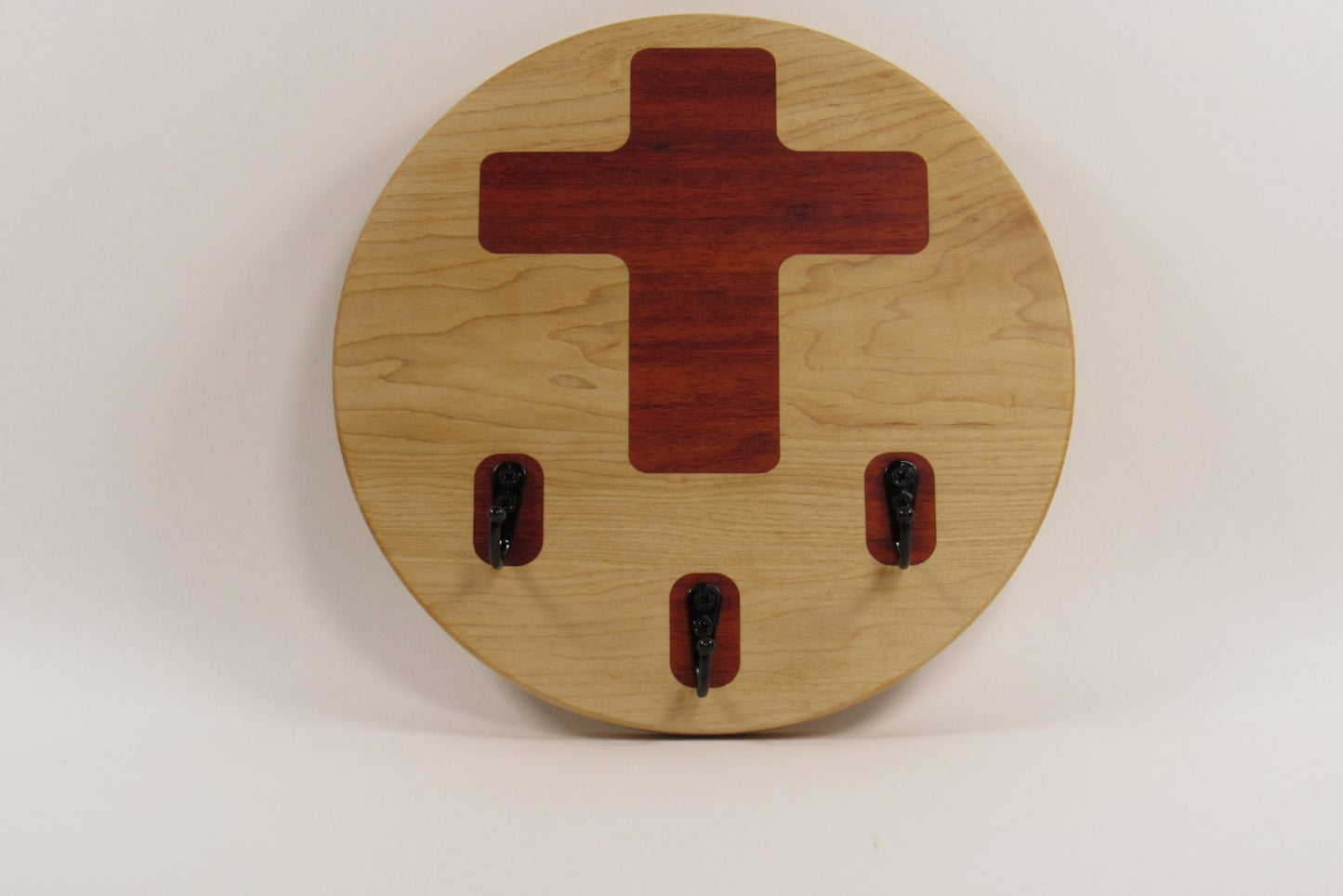Maple Wall Key Holder with Cross Inlay – 3 Key Rings – Entryway Key Organizer