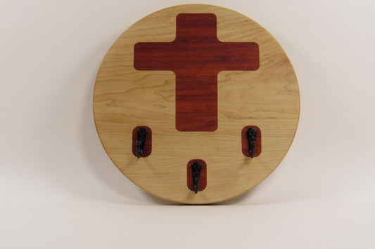 Maple Wall Key Holder with Cross Inlay – 3 Key Rings – Entryway Key Organizer
