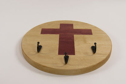 Maple Wall Key Holder with Cross Inlay – 3 Key Rings – Entryway Key Organizer