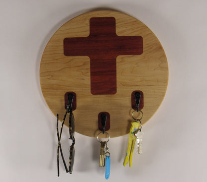 Maple Wall Key Holder with Cross Inlay – 3 Key Rings – Entryway Key Organizer