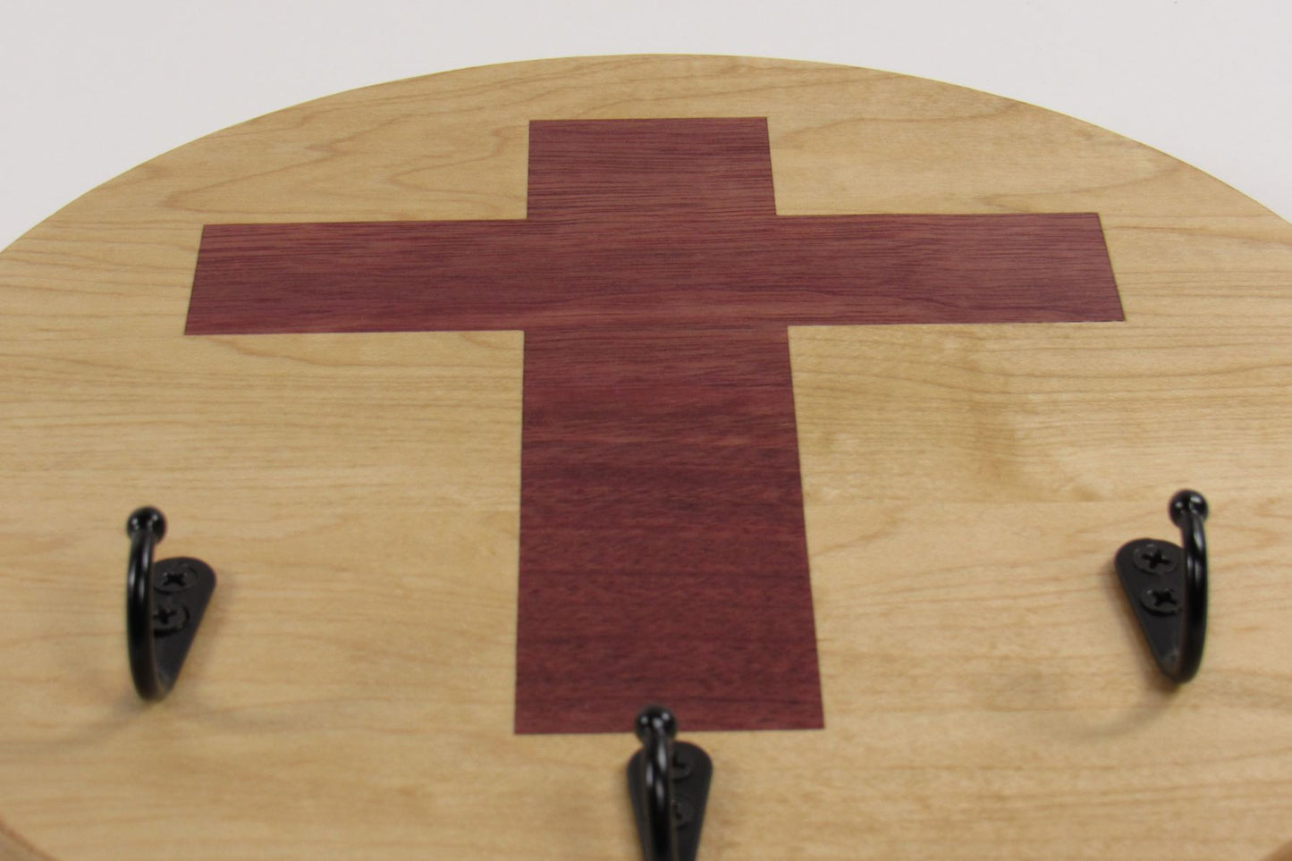 Maple Wall Key Holder with Cross Inlay – 3 Key Rings – Entryway Key Organizer