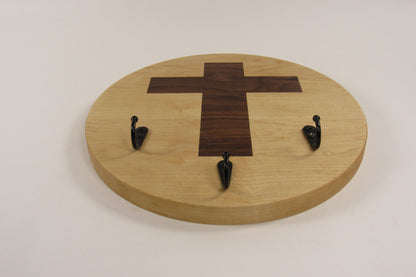 Maple Wall Key Holder with Cross Inlay – 3 Key Rings – Entryway Key Organizer