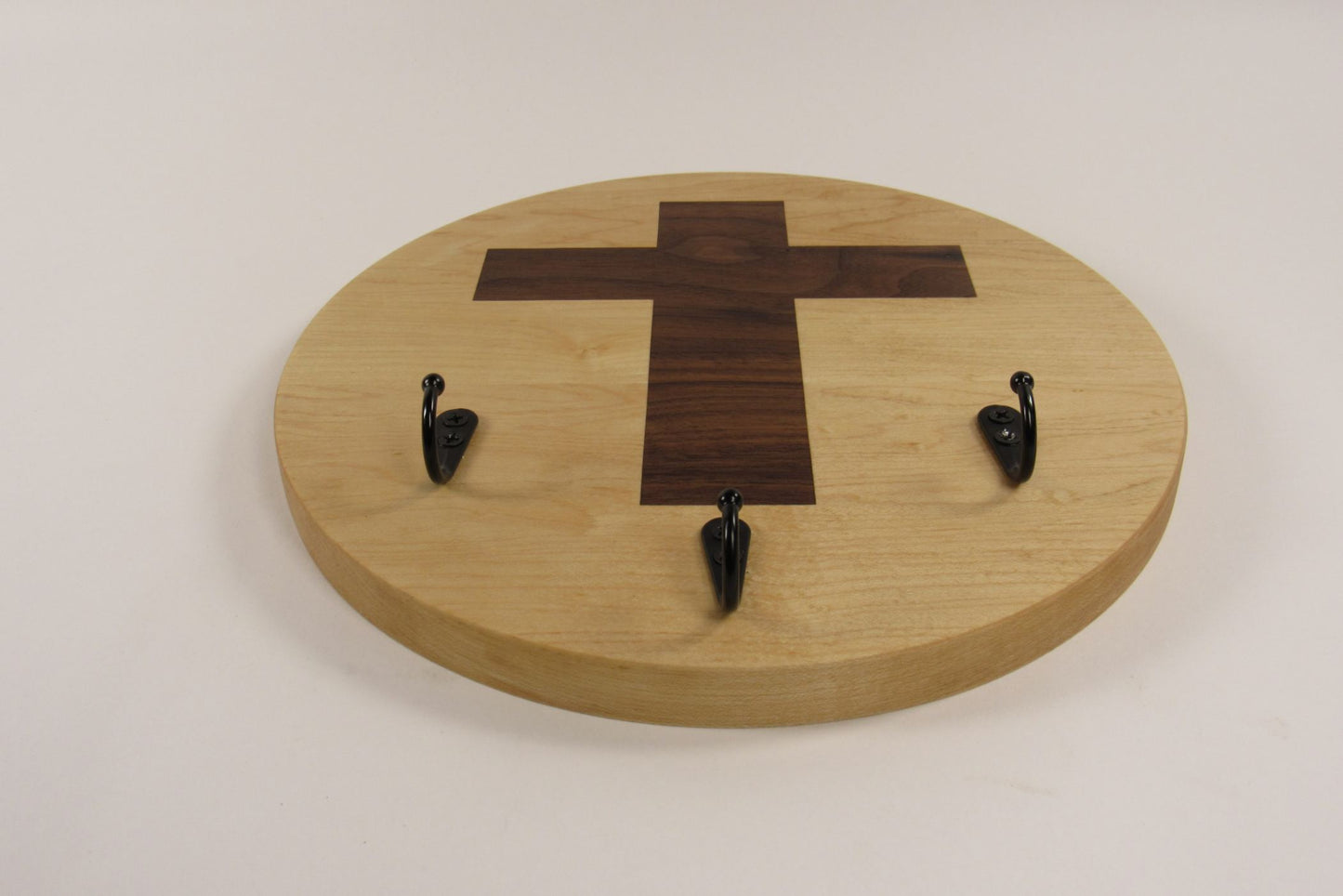 Maple Wall Key Holder with Cross Inlay – 3 Key Rings – Entryway Key Organizer