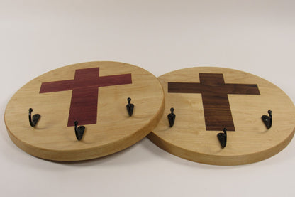 Maple Wall Key Holder with Cross Inlay – 3 Key Rings – Entryway Key Organizer