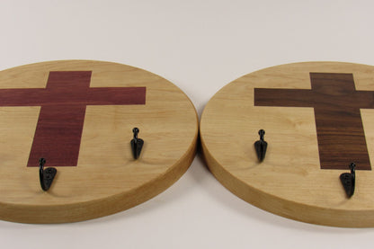 Maple Wall Key Holder with Cross Inlay – 3 Key Rings – Entryway Key Organizer