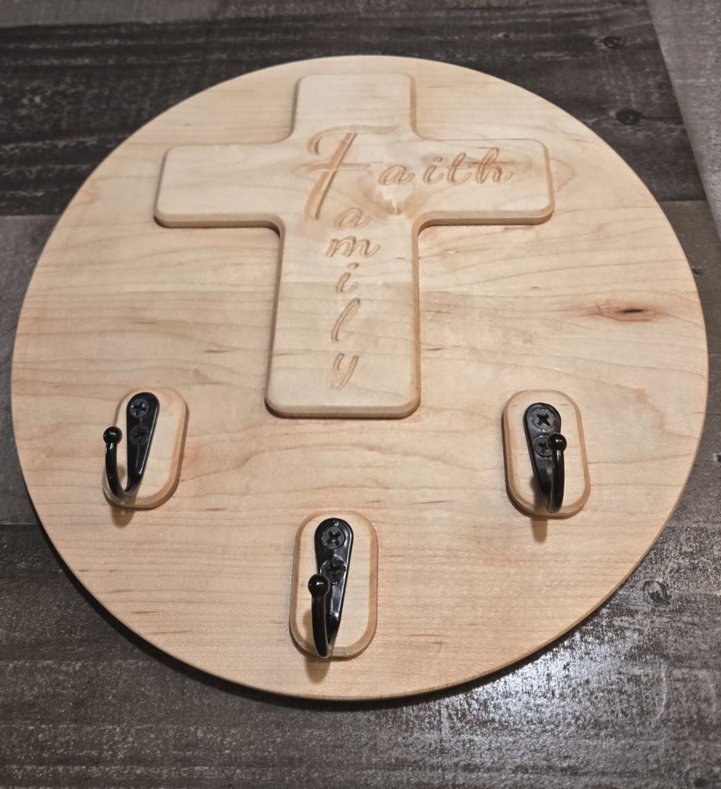 Faith & Family Solid Wood Cross Key Holder | Wall-Mounted Key Ring Organizer