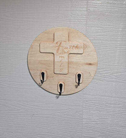 Faith & Family Solid Wood Cross Key Holder | Wall-Mounted Key Ring Organizer
