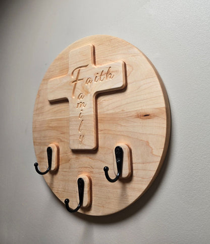 Faith & Family Solid Wood Cross Key Holder | Wall-Mounted Key Ring Organizer